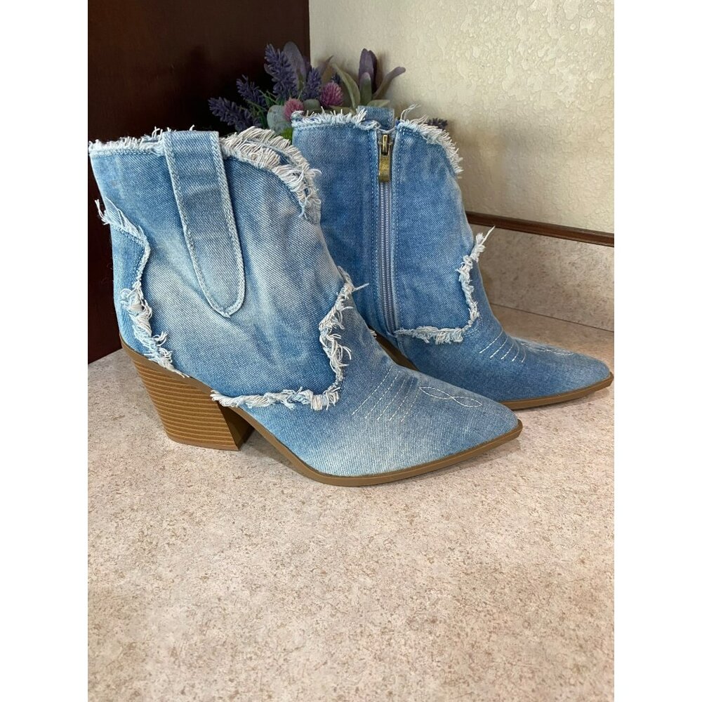 Distressed Denim Ankle Boots With Chunky Heels & Zipper Closure - Picture 11 of 11